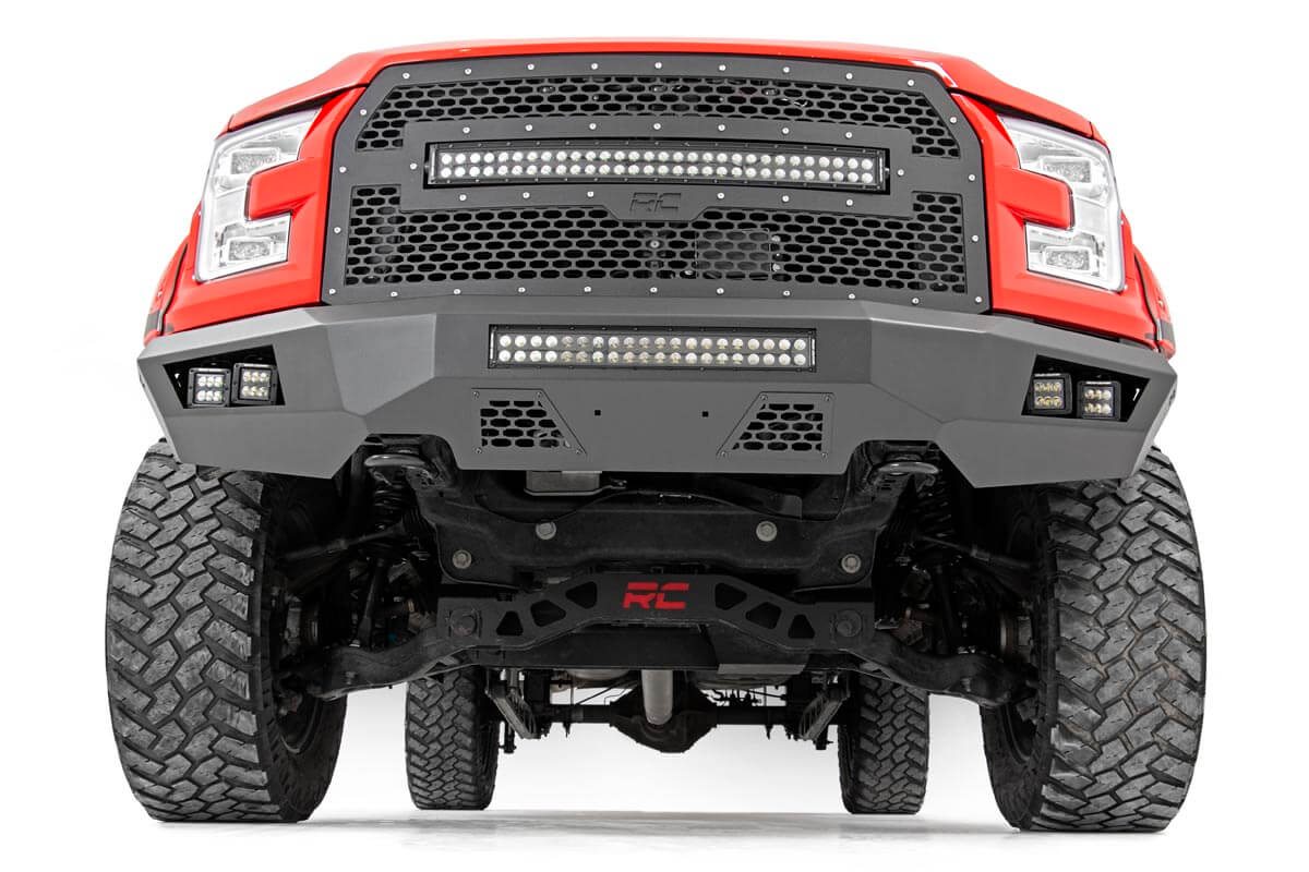 Ford F-150 Front Bumper - Rough Country - LED Bumper with 2in LED Cubes and 20in LED Light Bar - Flat Black - '15-'17